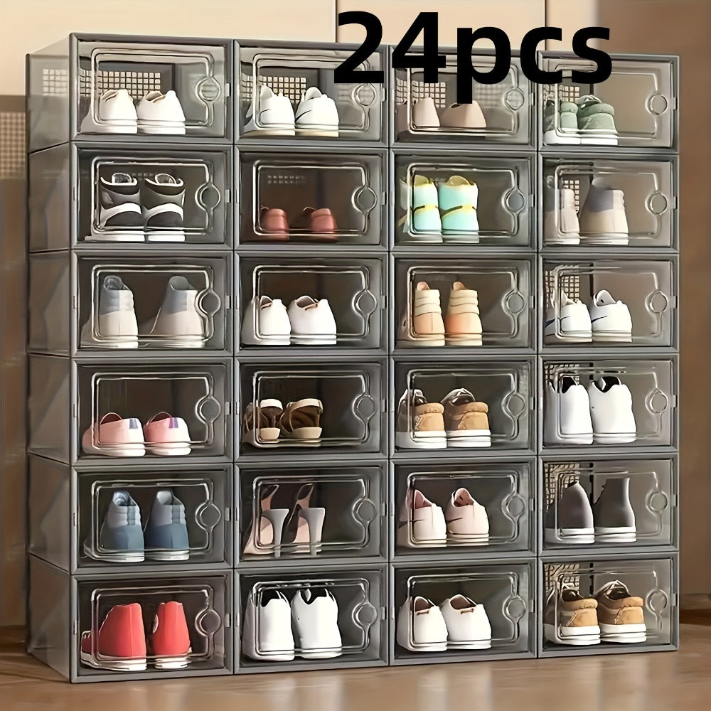 Transparent Stackable Shoe Boxes with Lid ¨C Foldable Clear Sneaker Storage Organizer (6/24pcs)