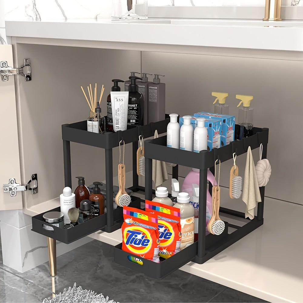 Under Sink Organizer Set of 2 ¨C Dual Tier Sliding Basket Drawers with 8 Hooks Kitchen Bathroom Cabinet Storage