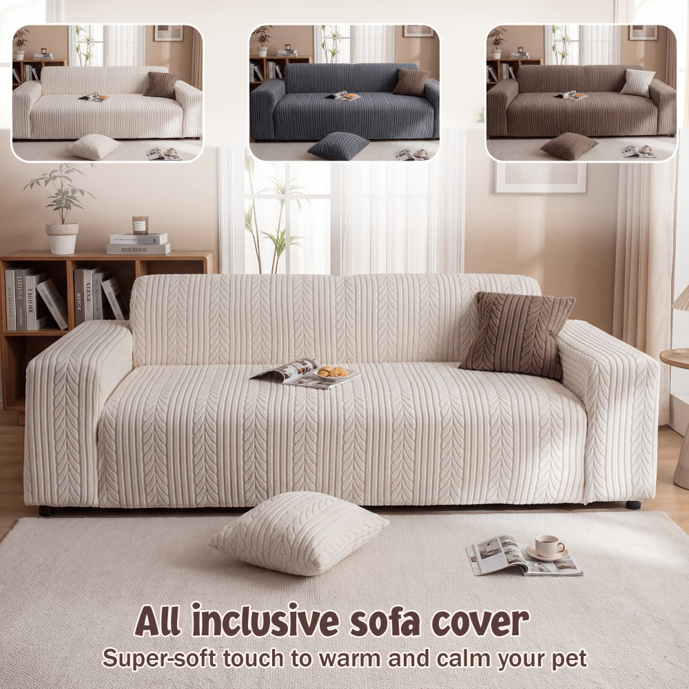 Couch Cover Full Coverage Elastic Velvet Jacquard Sofa Slipcover with Pillowcase - Non-Slip Thick Soft Pet Friendly Machine Washable Fits 1 2 3 4 Seater Living Room Bedroom