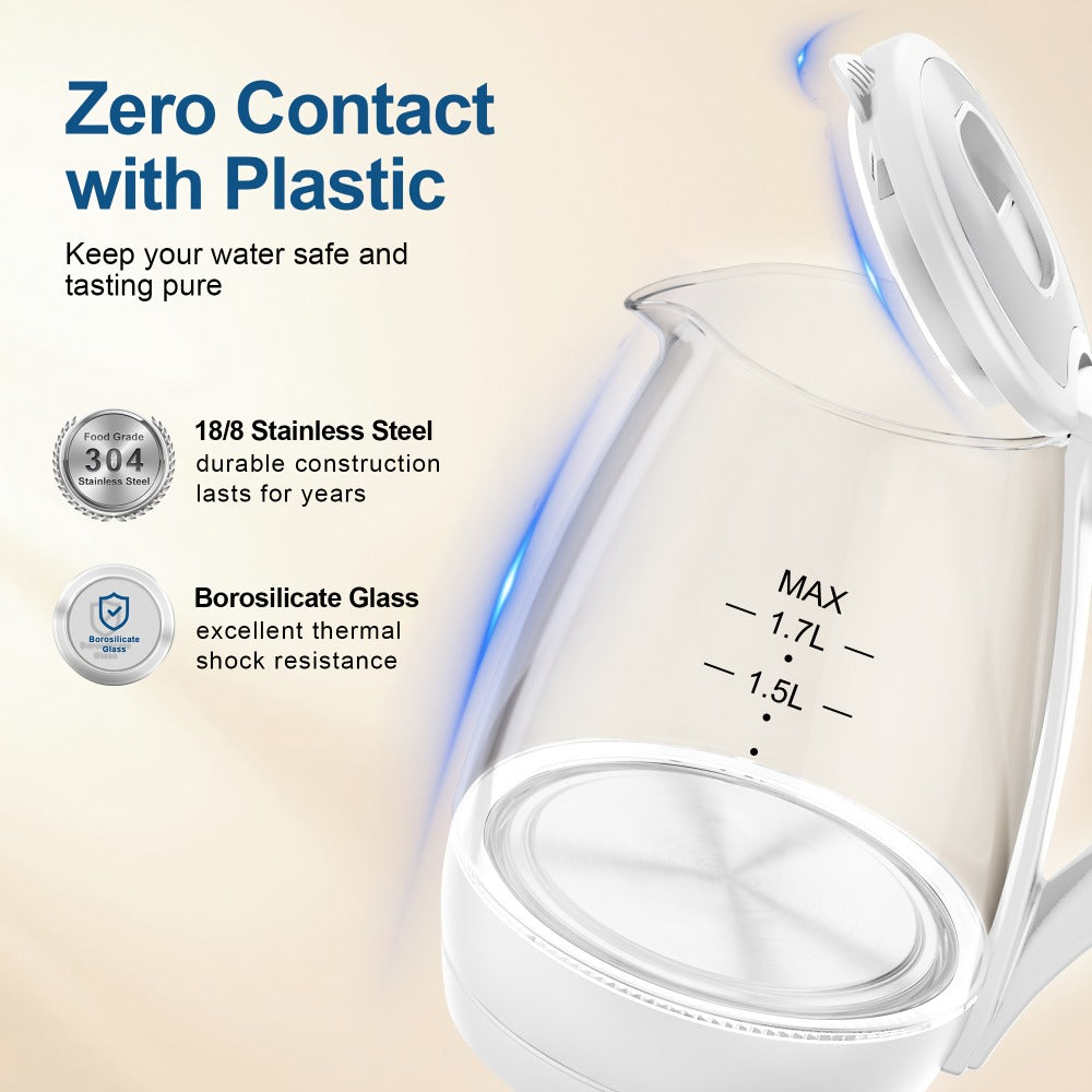 Glass Electric Kettle 1200W Borosilicate with Blue LED Glow - 57.48oz 1.7L Fast Boil BPA-Free Auto Shut-Off Boil-Dry Protection, Transparent Electric Tea Kettle for Home Office RV Camping Kitchen Gift