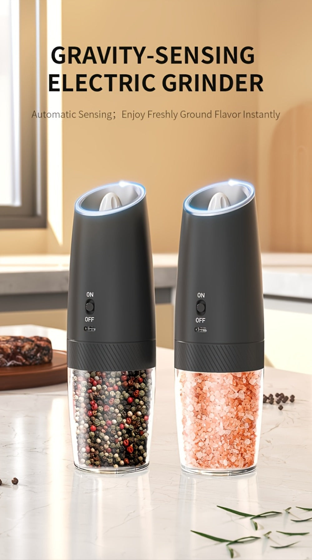 Electric Salt and Pepper Grinder Gravity Sensing USB Rechargeable with LED Light, One-Hand Operation Automatic Pepper Mill Adjustable Coarseness, Battery or Type-C Powered Kitchen Spice Grinder Set 1-2pcs