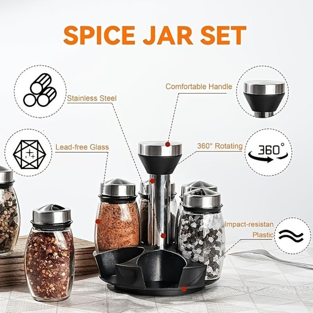Glass Spice Jar Set with Rotating Rack ¨C Airtight Kitchen Spice Organizer with 360¡ã Stainless Steel Stand ¨C Food Grade Glass Seasoning Bottles for Pantry, Cabinet & Countertop Storage ¨C 6 or 12 Piece