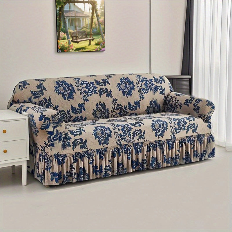 Stretch Sofa Cover Slipcover High-Stretch Fabric Ruffle Skirt Non-Slip Rod All-Season Snug Fit for 1 2 3 4 Seater Couch ¡ª Dark Blue with Pillow Cover