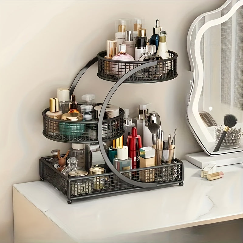 3-Tier Mesh Metal Bathroom Countertop Organizer - No-Installation Makeup Storage Rack, Tiered Vanity Shelf for Lipstick, Brushes & Skincare Bottles, Bronze Finish Space-Saving Cosmetic Organizer
