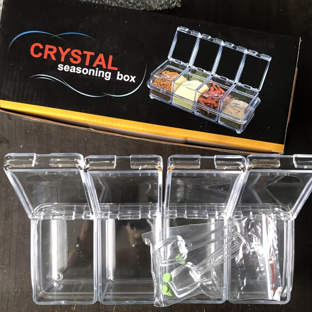 Kitchen Seasoning Storage Box Set of 4 - Transparent Multi-Grid Moisture-Proof Spice Organizer with Flip Lid, Airtight Condiment Container for Home Kitchen Apartment