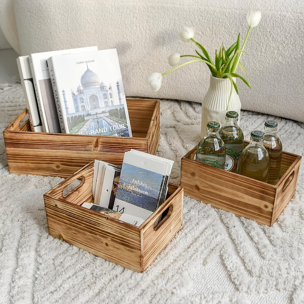 Wooden Crates with Handles Set of 3 ¨C Rustic Farmhouse Storage Boxes for Pantry, Shelf, Closet, Arts & Crafts, Home Organizer Decorative Wood Crate Display Boxes Brown