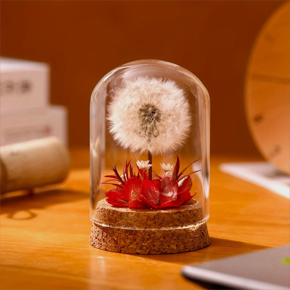Glass Dome Preserved Dandelion Flower Arrangement - Eternal Floral Keepsake Display Case for Home Office Desk Decor, No Electricity Needed