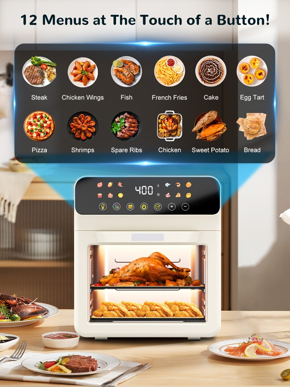 Air Fryer Oven 12-in-1 Large 12-Quart Smart Countertop Oven with 12 One-Touch Preset Functions, Smart Cook Program, Viewing Window, Interior Light, Adjustable Time & Temp, Oil-Free Family Cooker