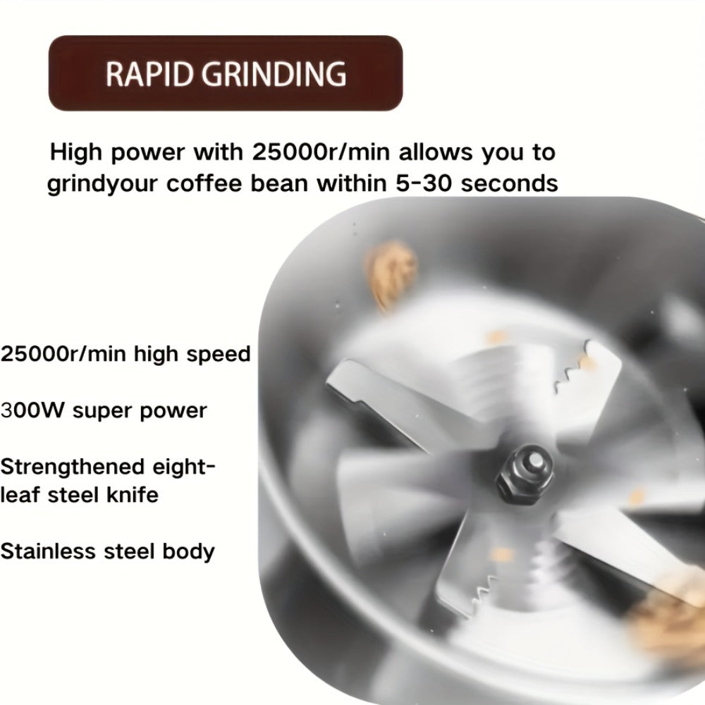 Electric Coffee Grinder 300W 4-Blade Stainless Steel Spice Nut Bean Grinder 400g 14oz Deepen Chamber Wet Dry Food Processor 10-Second Fast Grinding One-Button Control