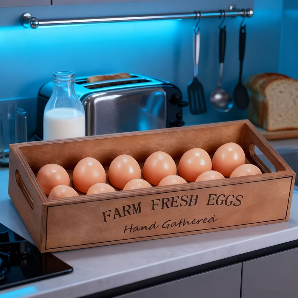 Farmhouse Wooden Egg Holder Rack 2pcs - 24 Egg Storage Display with Handle for Kitchen, Farm, Easter
