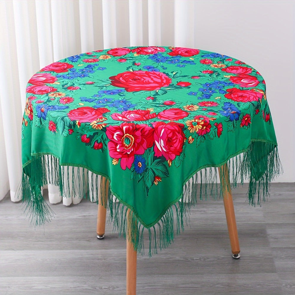 Floral Square Tablecloth with Tassels - Multicolor Flowers, Machine-Washable Polyester, Kitchen & Dining Room Table Cover with Tassel Trim