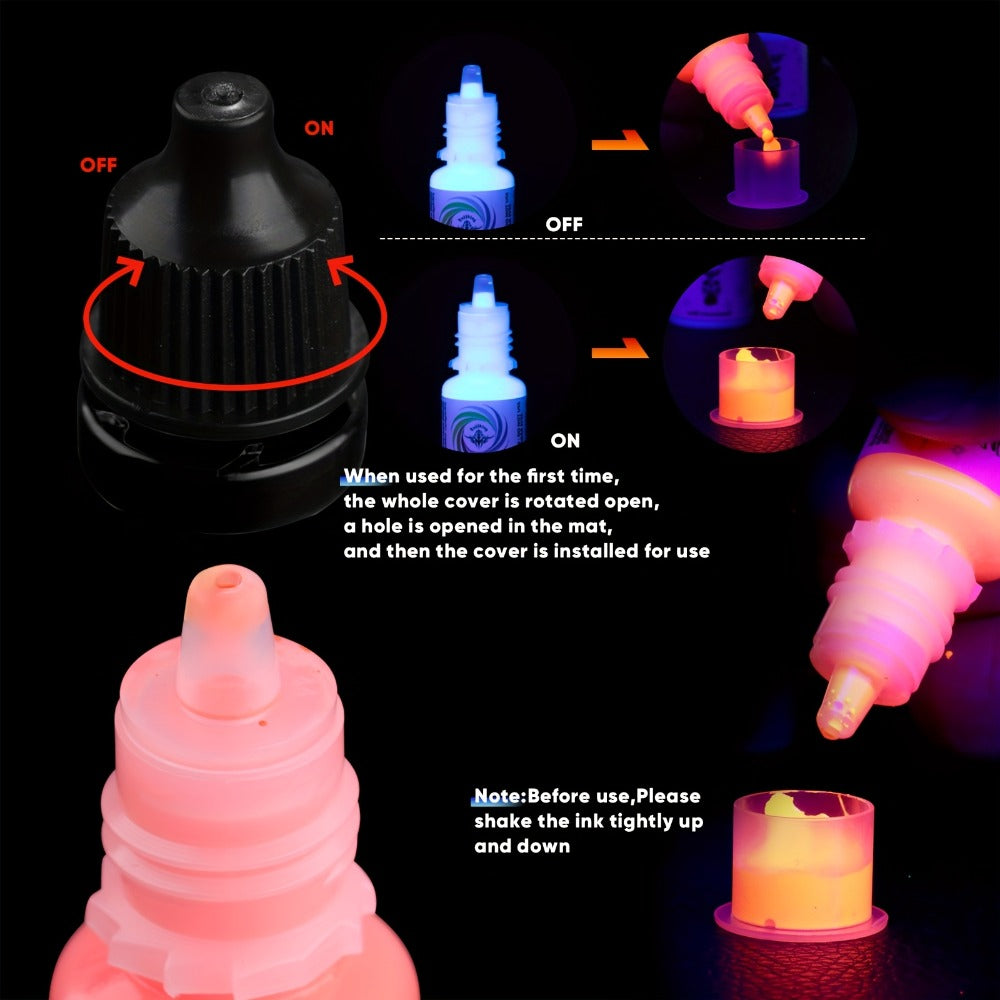 UV Fluorescent Tattoo Ink Set 8 Colors ¨C Professional Long-Lasting Blacklight Tattoo Pigment for Body Art, Permanent Makeup & DIY Tattoo ¨C Vibrant Neon Violet Glow Ink