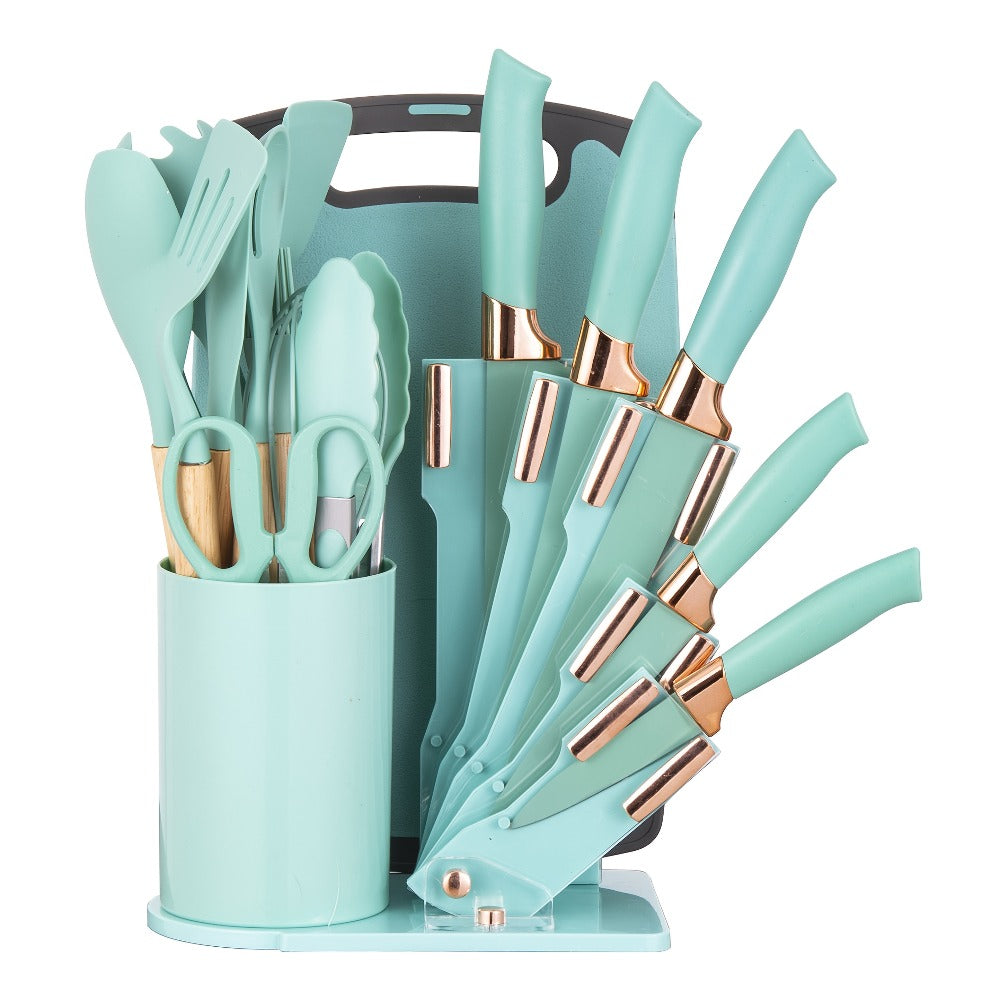 19-Piece Kitchen Knife & Utensil Set with Wooden Handles, Non-Stick Blades, Silicone Cooking Tools, Cutting Board, Scissors & Holder