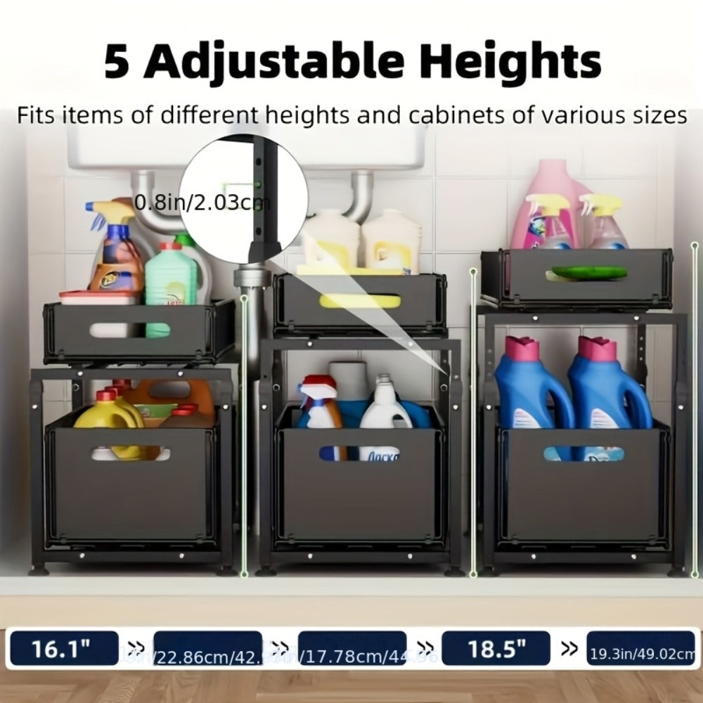 Under Sink Organizer 2-Tier Slide Out ¨C Heavy Duty Metal Cabinet Shelf, Adjustable Space-Saving Storage Rack for Kitchen & Bathroom Cabinets, Pull Out Drawer Organizer