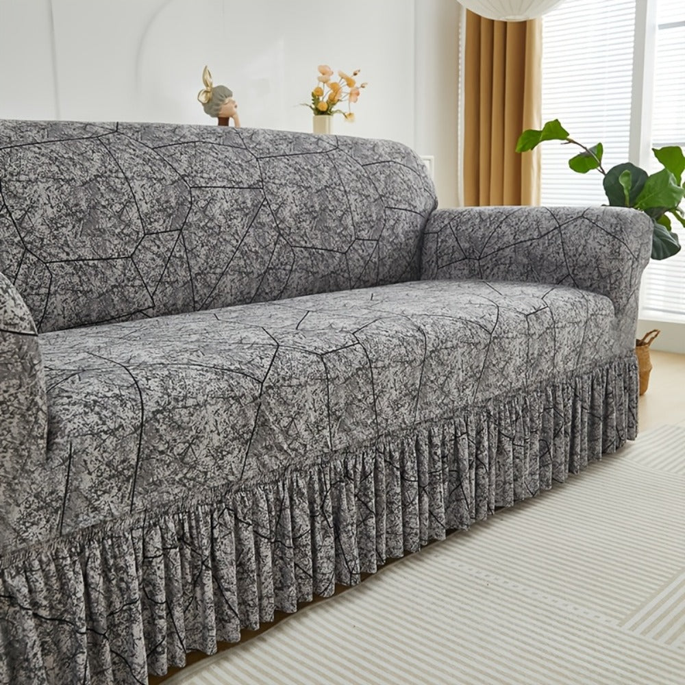 Printed Elastic Skirt Sofa Cover Modern Hem Design Stretch Sofa Slipcover Protective Furniture Cover for Living Room Single 2 3 4 Seater Machine Washable