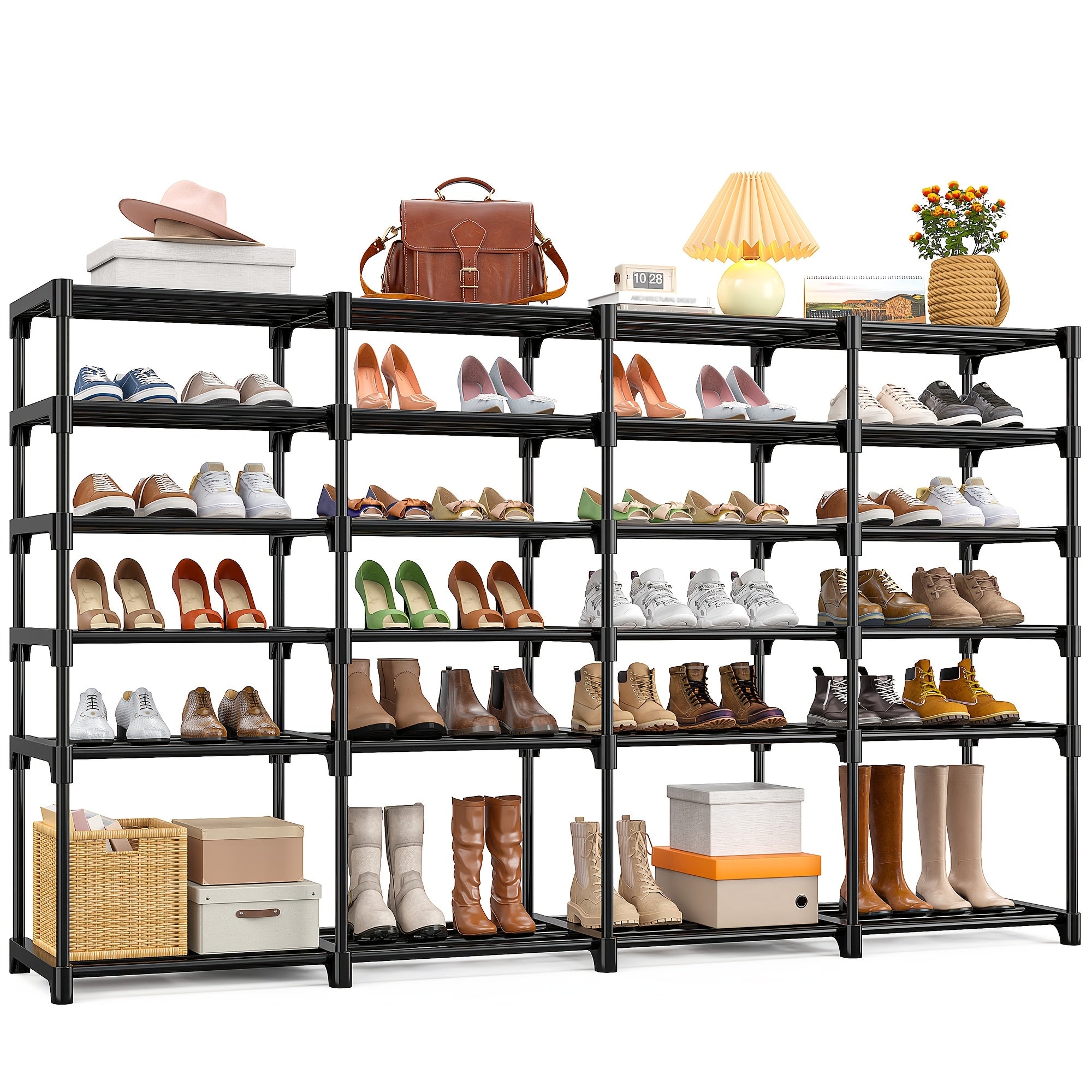 Metal Shoe Rack Organizer 4 Row 6 & 9 Tier Black | Heavy Duty Freestanding Shoe Tower Storage Shelf for Entryway Bedroom Living Room Holds 45-72 Pairs