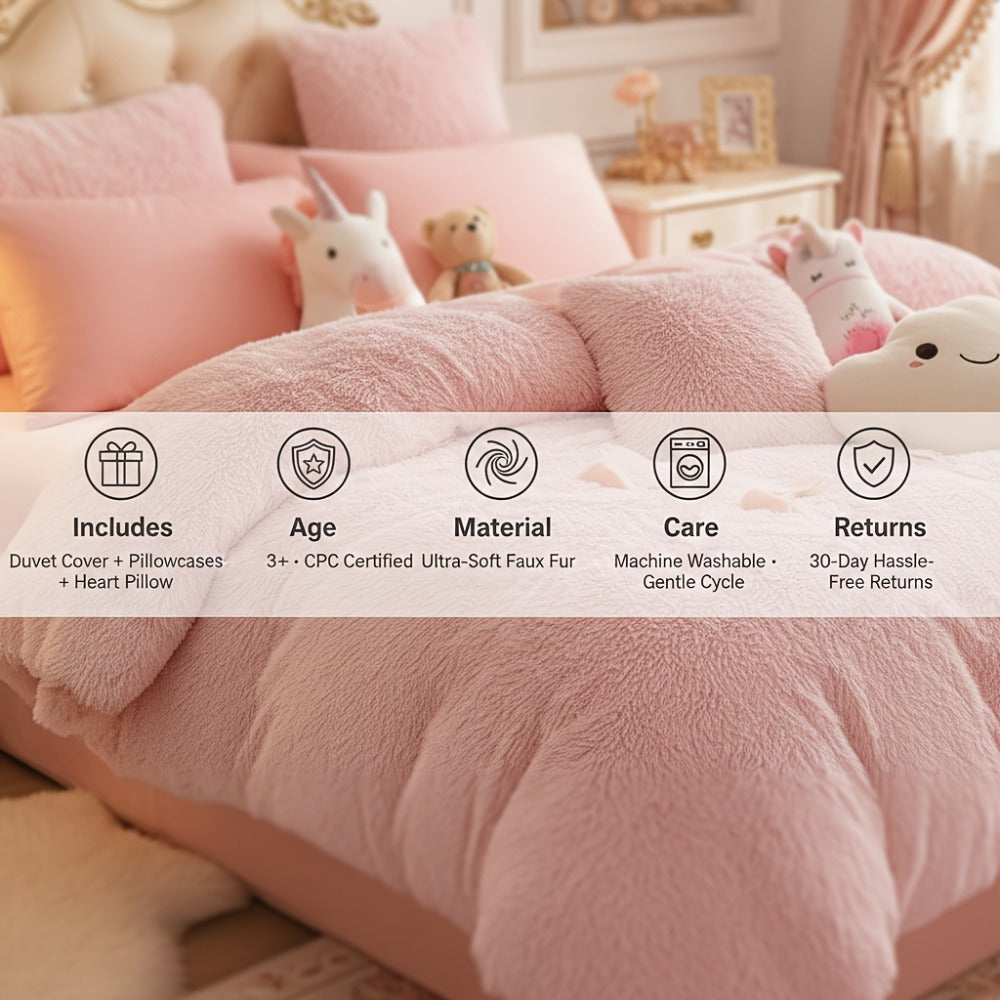 Faux Fur Duvet Cover Set Twin Queen King Super Soft Plush Comforter Cover with Pillowcases Heart Pillow for Kids Teens Machine Washable Bedroom Decor