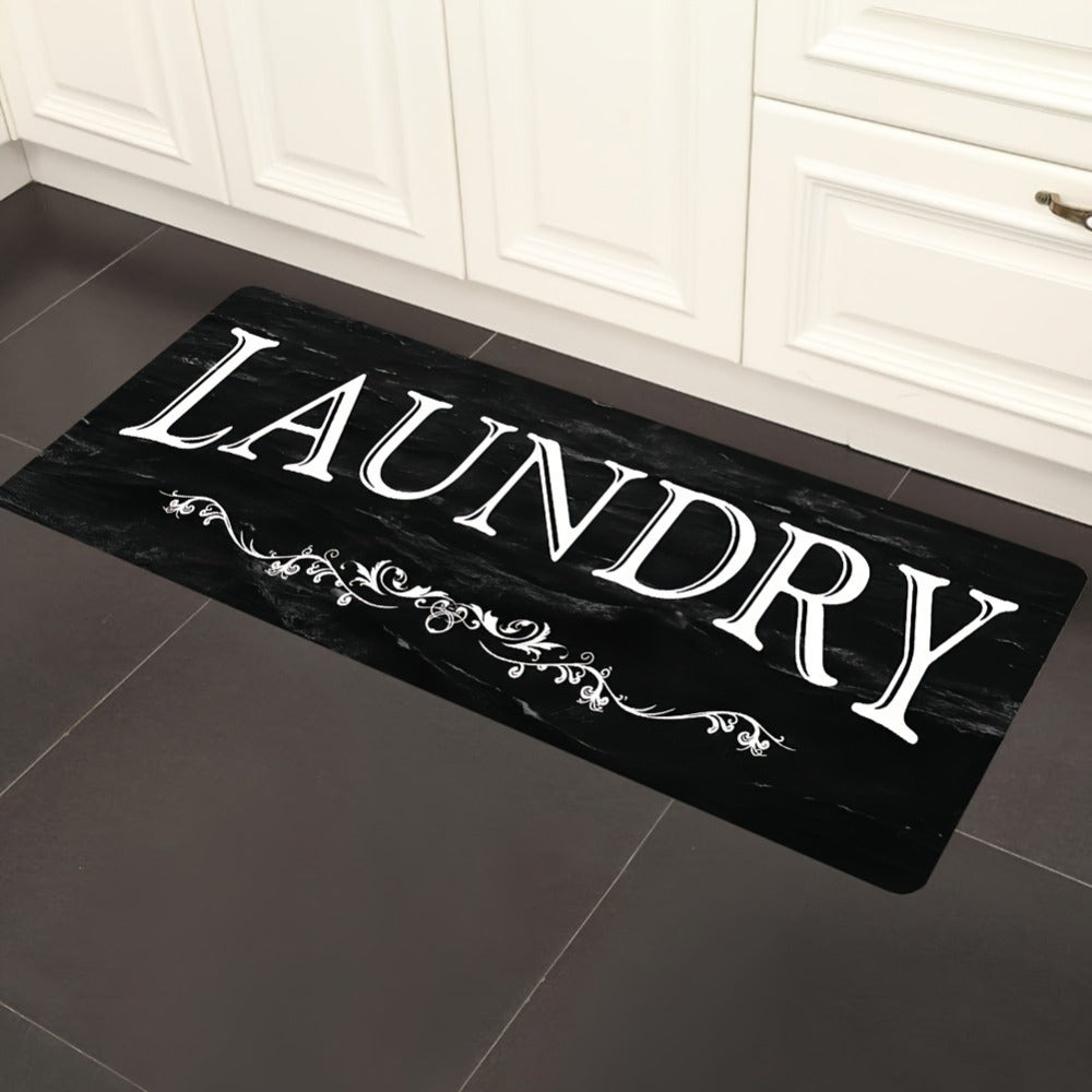 Laundry Room Mat Black & White LAUNDRY Text Non-Slip Machine Washable - Soft Polyester Cut-Pile Floor Rug for Laundry Room, Bathroom, Kitchen & Hallway, Bold Lettering Modern Farmhouse Decor