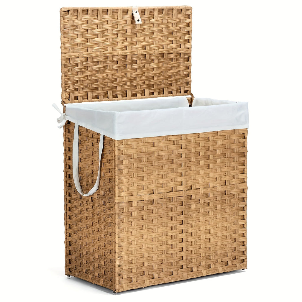Laundry Basket with Lid - Large Foldable Rattan Hamper with Removable Washable Liner, Sturdy Steel Frame, for Bathroom Bedroom, Goose Yellow or Dove Gray