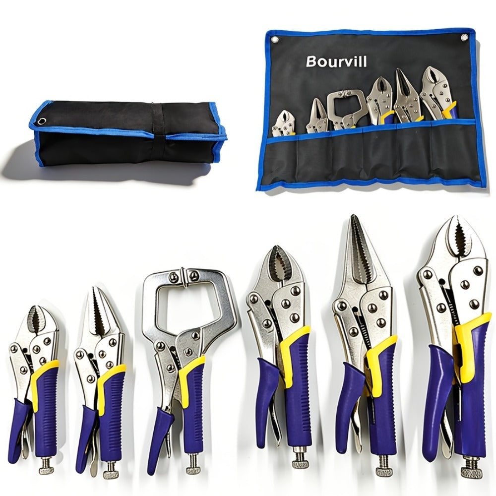 Locking Pliers Set 6pcs Heavy Duty, Includes Needle Nose Pliers 6.5¡± & 9.5¡±, Curved Jaw Locking Pliers 5¡± 7¡± 10¡±, C-Clamp L-Type Pliers with Roll Bag & Ergonomic Metal Handles for Auto, DIY & Workshop