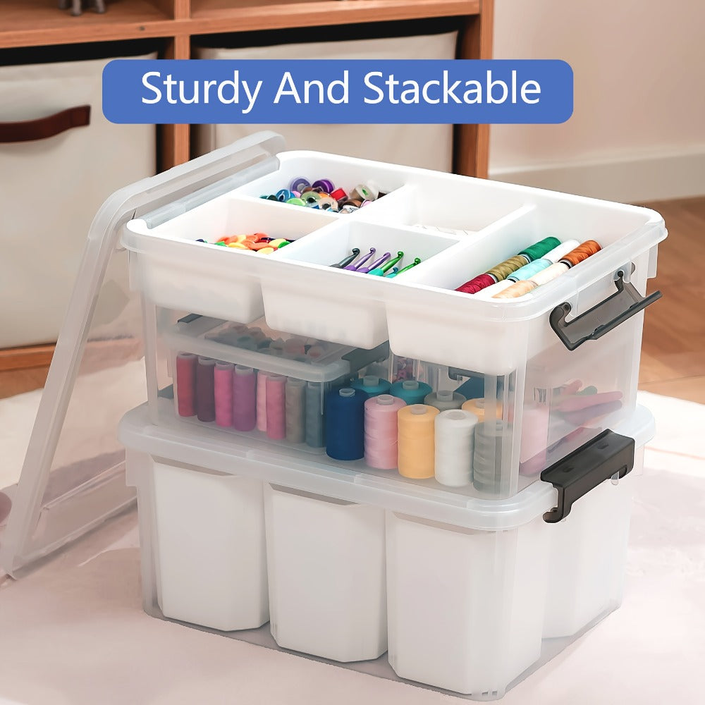 Clear Plastic Storage Boxes with Removable Tray, 2pcs Stackable Transparent Storage Containers, Multipurpose Organizer for Office Stationery, Sewing, Bathroom & Kitchen Organization