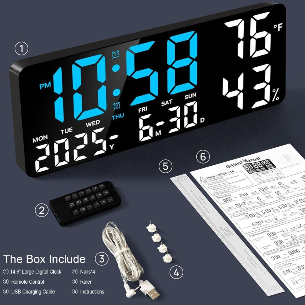 Large Digital Wall Clock with Remote Control ¨C 14.6¡± LED Display Dual Alarm Clock with Night Light, Temperature, Humidity, Date & Week ¨C RGB Color-Changing Bedroom & Living Room Clock Gift for Elderly