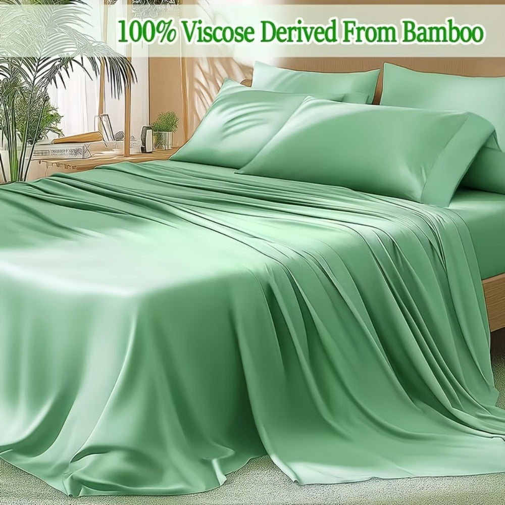 Bamboo Cooling Bed Sheet Set 4pcs - Ultra Soft Breathable Deep Pocket Fitted Sheets, 2200TC Cooling Fabric, Shrink & Wrinkle Resistant, All-Season Bedding