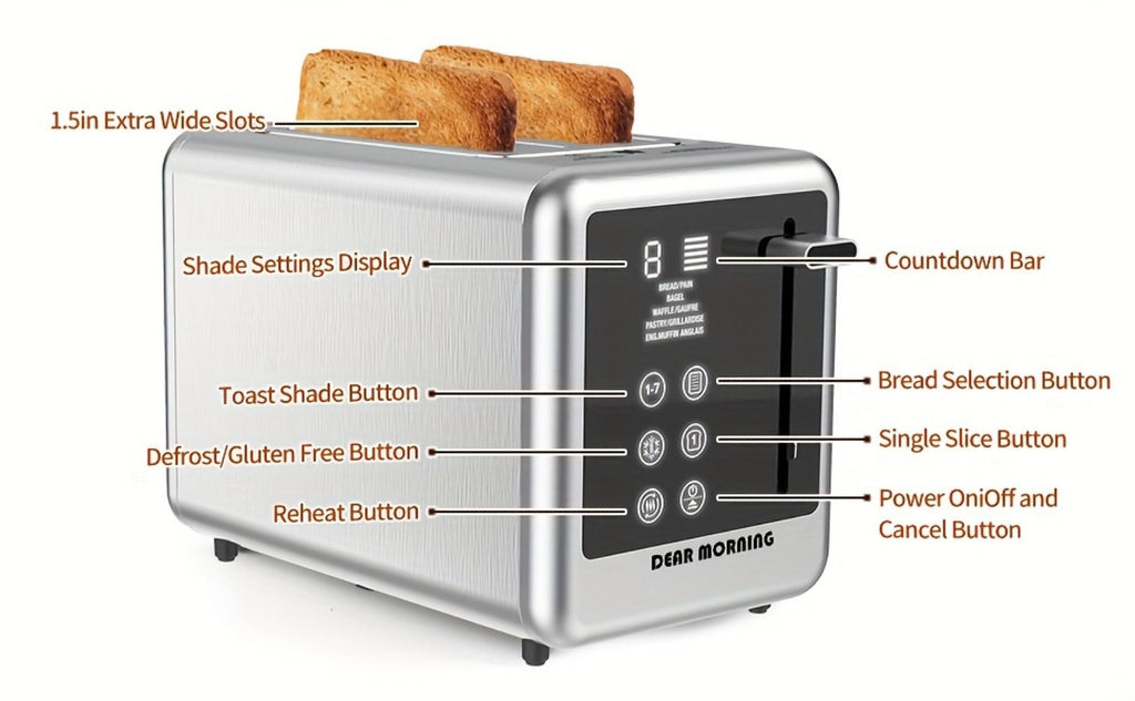 Stainless Steel Toaster 2-Slice Smart Touch Screen ¨C 5 Bread Selections, 7 Shade Settings, Bagel/Defrost/Cancel/Reheat, 1.5¡± Wide Slot, Removable Crumb Tray