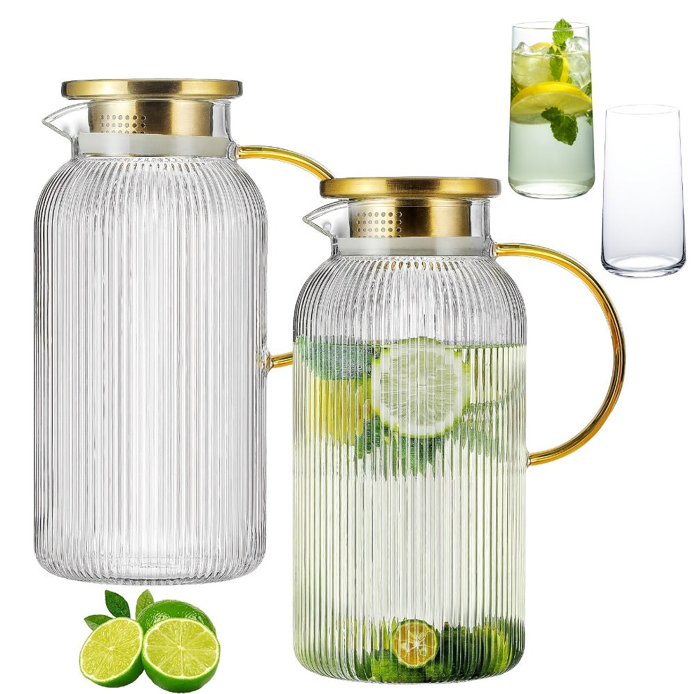 Glass Pitcher with Stainless Steel Lid 68oz 2 Liter Borosilicate Water Pitcher Carafe for Cold Brew, Lemonade, Iced Tea & Milk ¨C Heat Resistant, 2 or 4 Pack