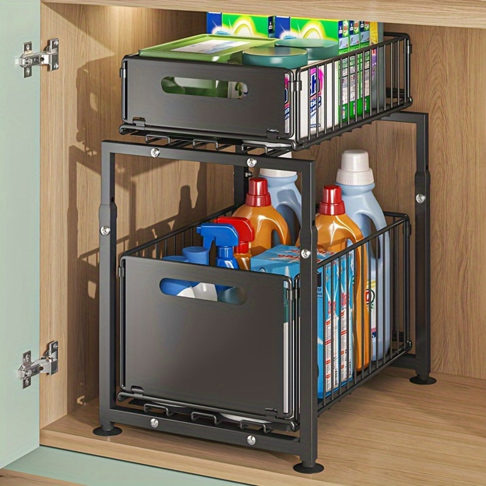 Under Sink Organizer 2-Tier Pull Out - Adjustable Height Carbon Steel Cabinet Storage Shelf for Kitchen and Bathroom, Space Saving Sliding Drawer Rack for Cleaning Supplies Pots and Toiletries, Heavy Duty Under Cabinet Organizer Available in 1 or 2 Pack