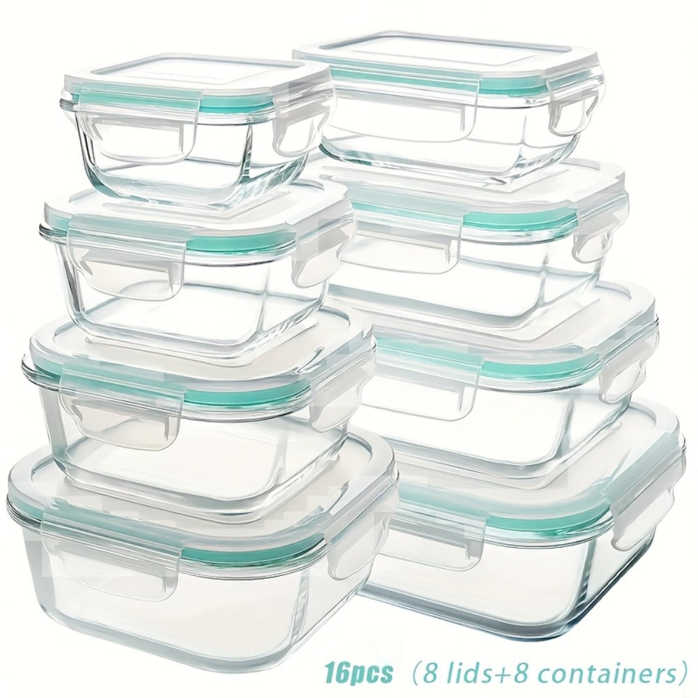 Glass Meal Prep Containers 16 Piece Set (8 Lids + 8 Containers) - Borosilicate Glass Food Storage with Leak Proof Lids, Oven Microwave Dishwasher Freezer Safe, BPA Free, Multiple Sizes