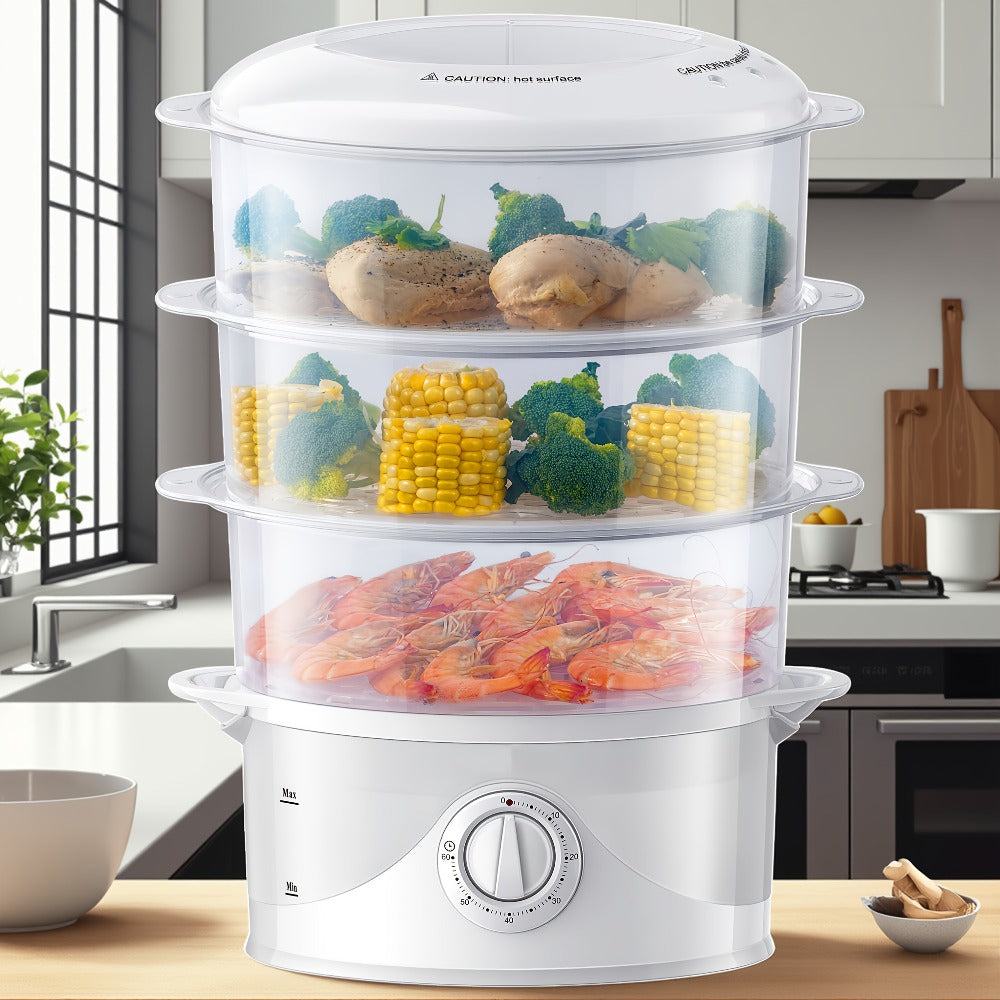 Electric Food Steamer 3-Tier 9.6QT Large Capacity, 800W Fast Cooking, 60-Min Timer, Boil-Dry Protection, Dishwasher Safe & BPA-Free ¨C Multi-Tier Steamer for Vegetables, Dumplings & Family Dinners