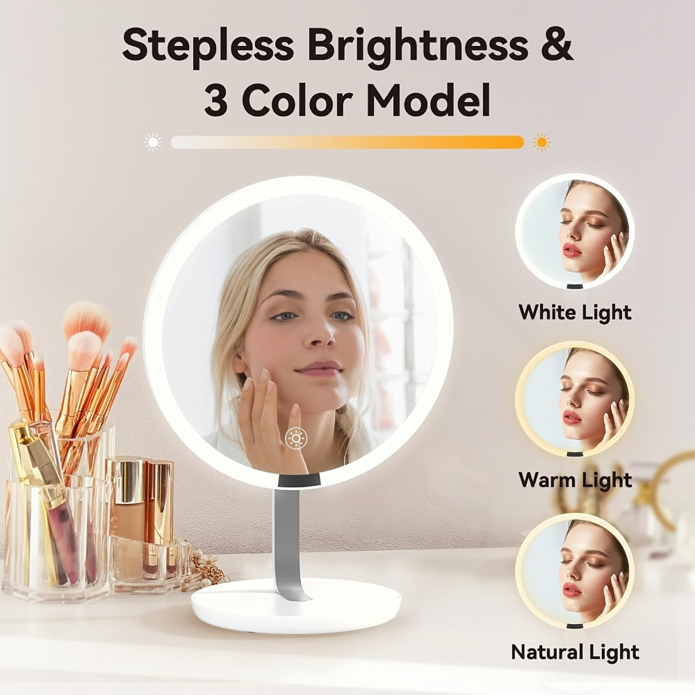 LED Makeup Mirror with Lights & 10X Magnification - Touch Dimming Desktop Vanity Mirror, Adjustable Brightness, Portable Handheld Design for Bathroom, Bedroom & Office, Ideal Gift for Women