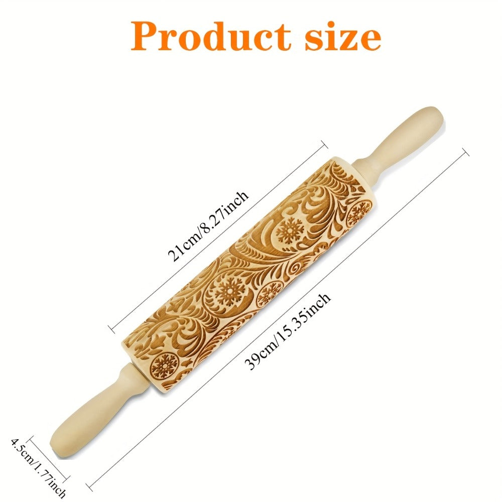 Embossed Wooden Rolling Pin with Engraved Pattern, Decorative Patterned Rolling Pin for Cookie Baking, Christmas Snowflake Flower Design Dough Roller for Fondant Pie Pastry, Baking Gift Kitchen Tool