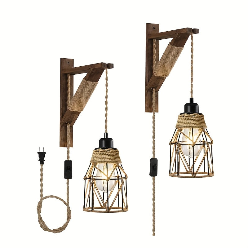 Plug In Wall Sconces Set of 2 or 1 ¨C Rustic Farmhouse Wall Lamp with Metal Cage & Wooden Bracket, Plug-Into-Outlet Hanging Light for Bedroom, Living Room & Headboard
