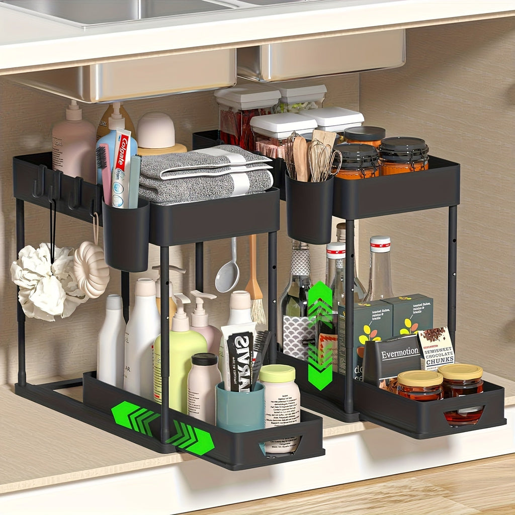 Under Sink Organizer 2-Tier Sliding Cabinet Basket with Hooks ¨C Adjustable Bathroom Kitchen Shelf Storage Rack for Cabinets