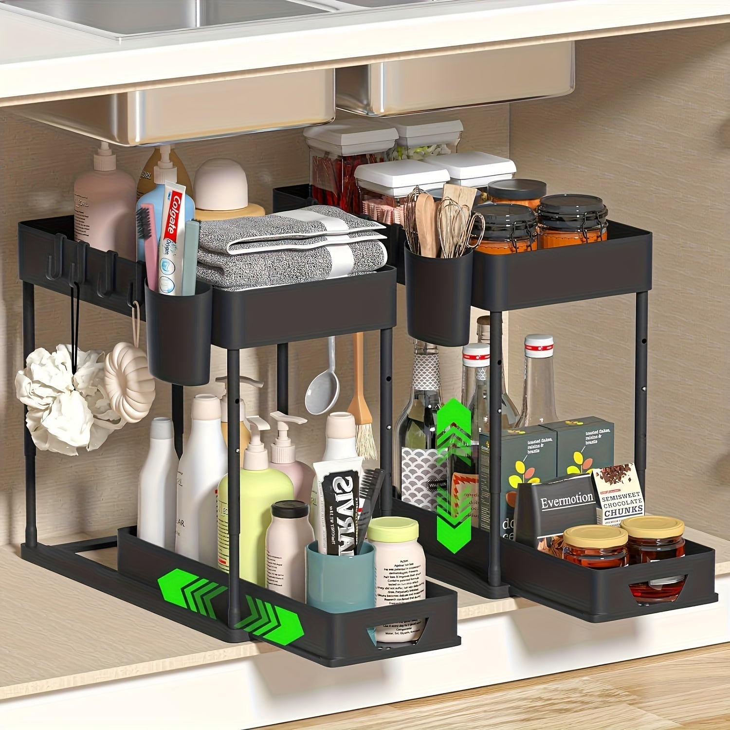 Under Sink Organizer 2-Tier Sliding Cabinet Basket with Hooks ¨C Adjustable Bathroom Kitchen Shelf Storage Rack for Cabinets