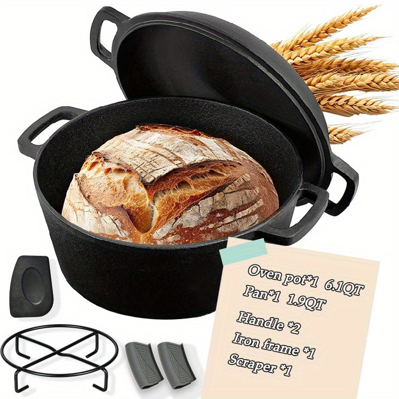 Cast Iron Dutch Oven Set ¨C 6.1QT Deep Pot + 1.9QT Frying Pot, 2-in-1 Cookware with Silicone Handles, Iron Frame & Scraper, Oven, Stovetop, Induction & BBQ Compatible, 6-Pack Bundle