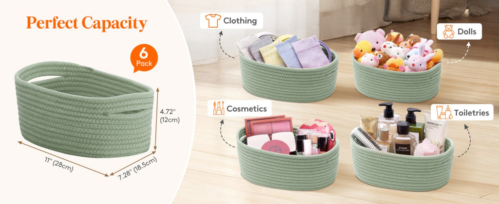 Woven Storage Baskets 6-Pack Cotton Rope Cube Bins 11x7x5¡± | Handmade Small Shelf Baskets for Organizing Closet Bedroom Living Room Playroom | Round Decorative Storage Caddy Multiple Colors