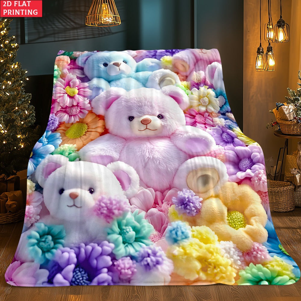Teddy Bear Floral Blanket 2D Flat Print - Soft Lightweight Colorful Throw for Sofa Bed Travel Camping Office Living Room, Cute Animal Flower Pattern Home Decor Blanket