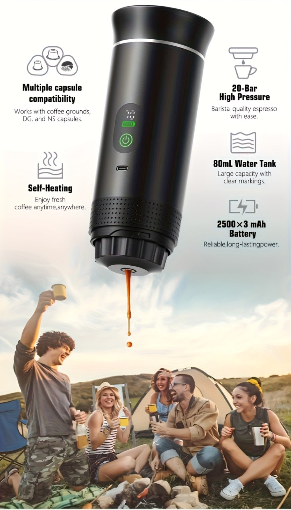 Portable Espresso Machine Type-C Charging Self-Heating ¨C Single Serve Coffee Maker with Temperature & Battery Display, Hot & Cold Brew, Ground Coffee & Capsule Compatible, for Travel RV Hiking Office