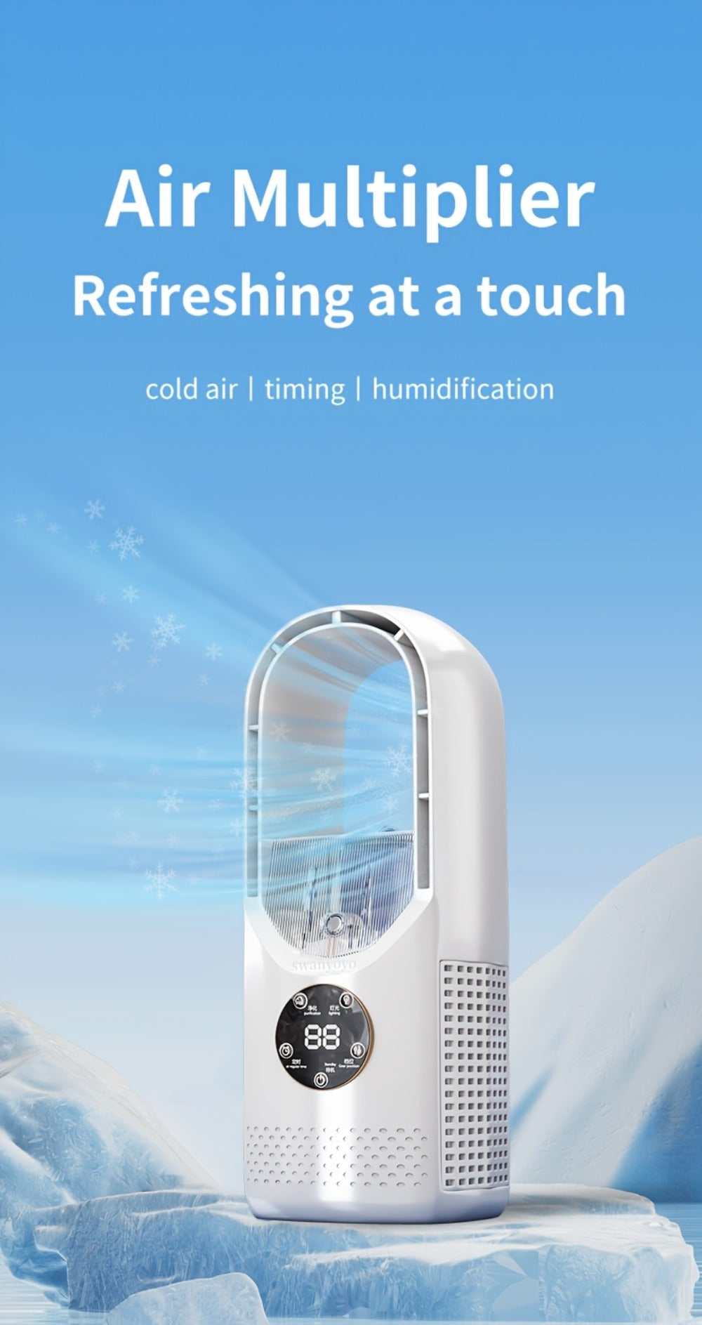 Portable Bladeless Fan USB Tower Fan, Desktop Air Conditioner Fan with Water Mist Cooling, Remote Control, Touch Screen, 7-Color LED Ambient Light and Timer, Personal Cooling Fan for Office, Travel, Camping, Home