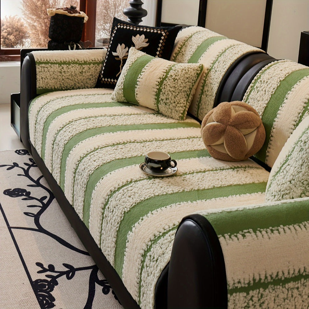 Sofa Cover Plush Jacquard Thick Non-Slip Couch Protector - Pet Friendly Furniture Cover for Living Room Bedroom Office, Machine Washable Retro Style Sofa Slipcover, Loveseat & 4-Seater, Black Grey Green Coffee