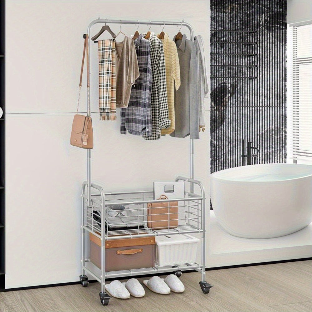 Rolling Laundry Basket with Wheels and Hanging Rack, Laundry Sorter Cart with Shelf and Locking Casters, Heavy Duty Steel Frame, Multifunctional Clothes Hamper for Laundry Room Bedroom Bathroom, White Black Silver