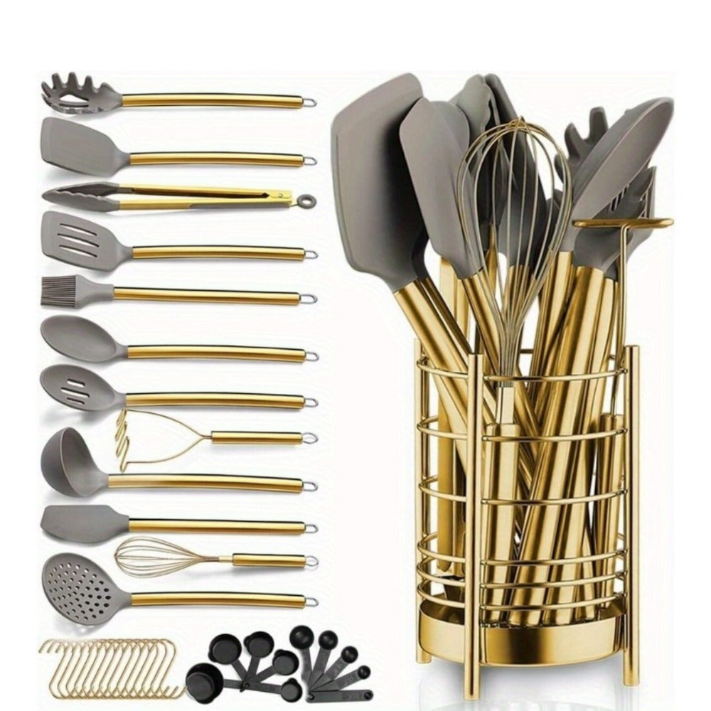 Kitchen Utensil Set 38 Piece Gold Stainless Steel with Silicone Heads Utensil Holder Measuring Cups Spoons Hooks BPA-Free Dishwasher Safe Complete Cooking Tool Set