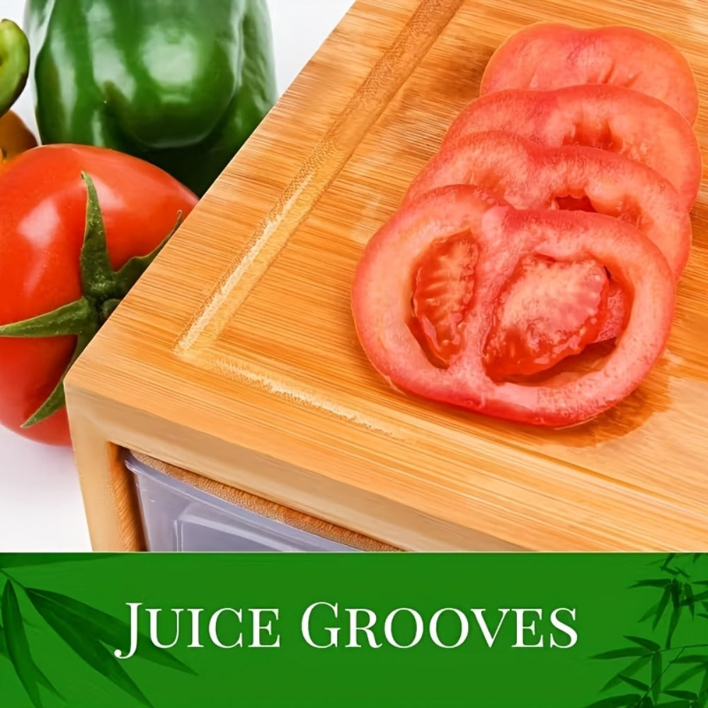 Bamboo Cutting Board with Food Container, Cheese Grater & Juice Groove - Large Wooden Chopping Board Set with Storage Box, Drain Tank for Vegetables Meat Cheese, Kitchen Prep Board with Hand Grip