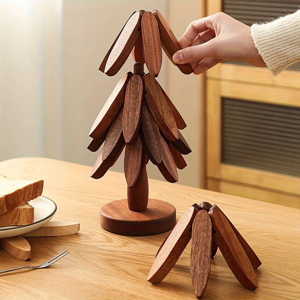 Solid Wood Trivet Mat Set 6pcs with Storage Rack ¨C Heat-Resistant Tree-Shaped Coasters, Natural Foldable Wooden Kitchen Trivets for Hot Dishes, Pots, Bowls & Teapots