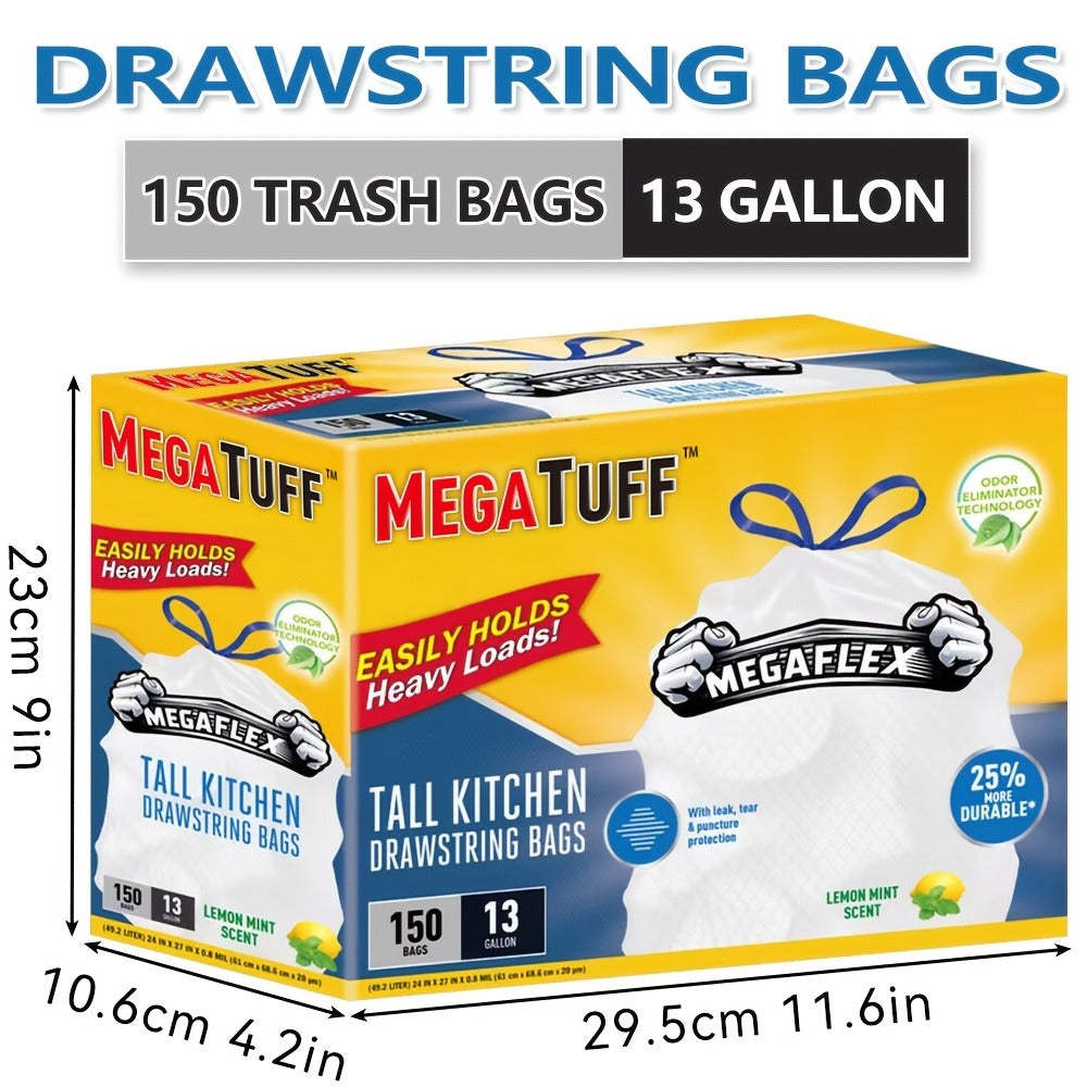 Drawstring Trash Bags with Odor Eliminator Technology ¨C Lemon Mint Scent, Puncture & Tear Resistant, 30 Gal (90 Bags) or 13 Gal (154 Bags) Kitchen Garbage Bags