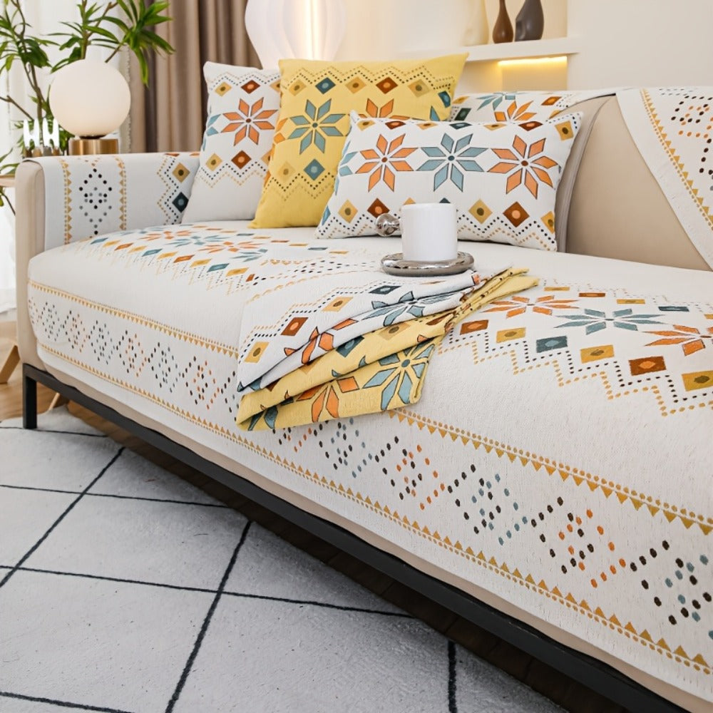 Chenille Sofa Cover Bohemian Style Jacquard Knit Anti-Slip Pet Friendly All Season Sofa Mat Protector - Single 2 3 4 Seater Armrest Backrest Pillow Case Grey White Yellow