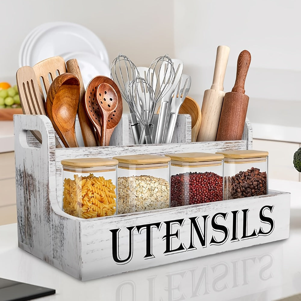 Kitchen Utensil Organizer Extra Large 4 Compartments Wooden Countertop Crock Farmhouse Rustic Cooking Utensil Holder for Kitchen in White and Black